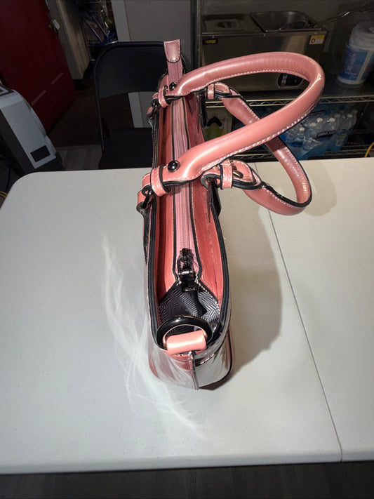 A Iridescent Glossy Pink Plastic Tote Bag with Handles