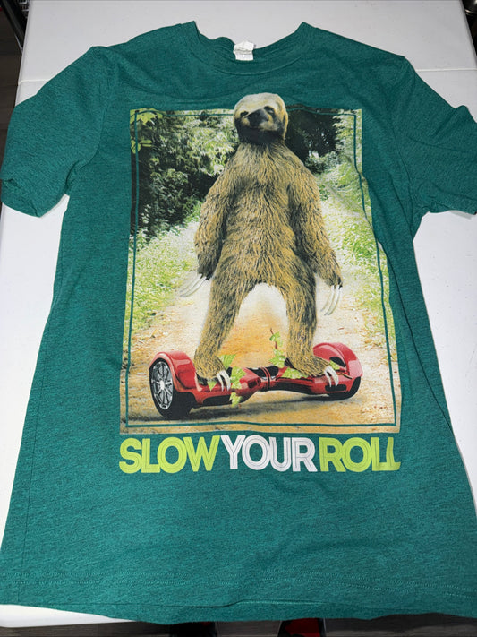Hybrid Apparel Men’s Crew neck green t-shirt SLOW YOUR ROLL Size Small