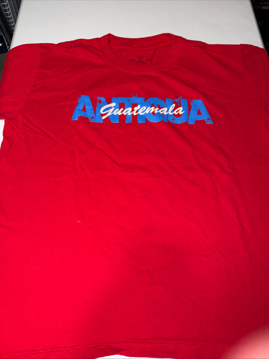 A Red T-Shirt Including A Graphic Design Of Antigua, Guatemala Size L