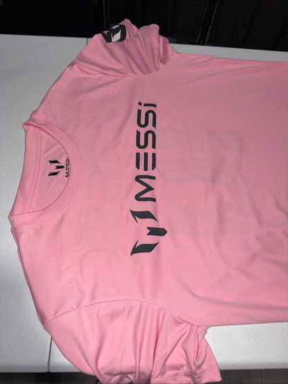 Pink Adidas Messi Jersey Top Features a prominent black logo graphic Size M