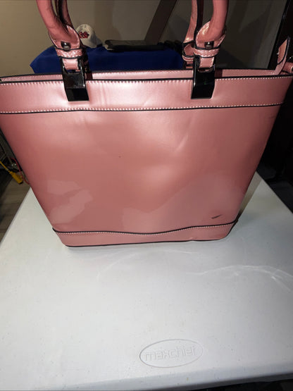 A Iridescent Glossy Pink Plastic Tote Bag with Handles