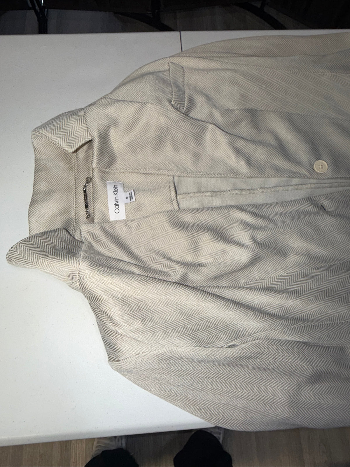 Calvin Klein women’s herringbone one button tailored blazer, Cream/beige, Size M