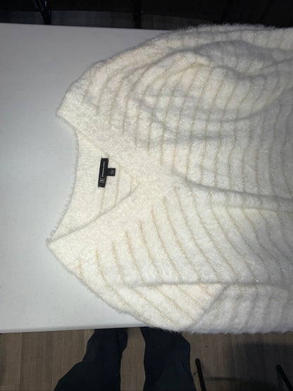 INC Women’s Large White Fuzzy Eyelash Knit Sweater Gold Metallic Striped V-NECK