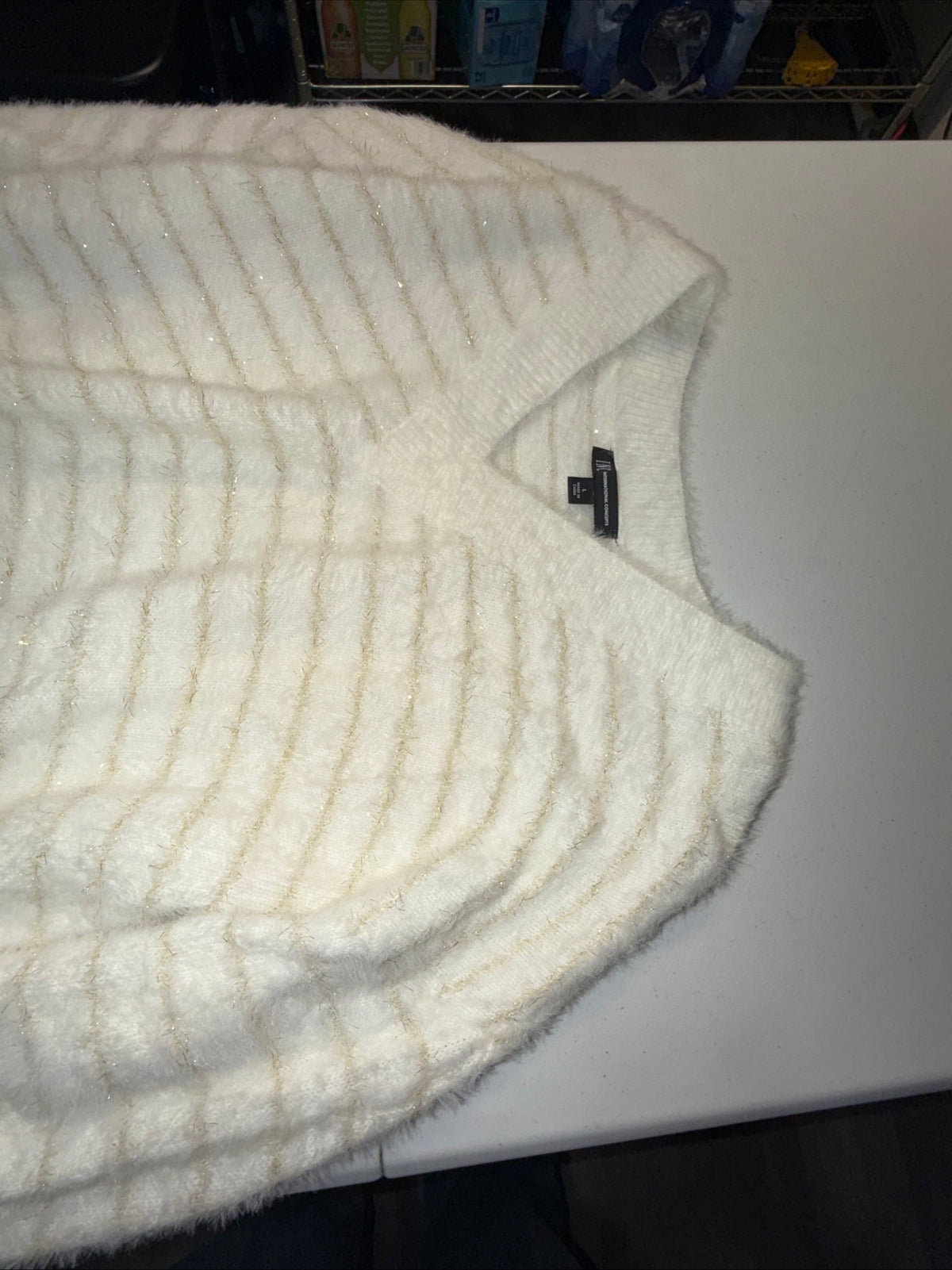INC Women’s Large White Fuzzy Eyelash Knit Sweater Gold Metallic Striped V-NECK