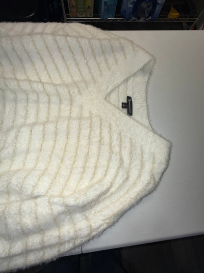 INC Women’s Large White Fuzzy Eyelash Knit Sweater Gold Metallic Striped V-NECK