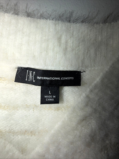 INC Women’s Large White Fuzzy Eyelash Knit Sweater Gold Metallic Striped V-NECK