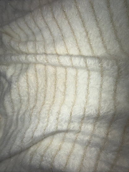 INC Women’s Large White Fuzzy Eyelash Knit Sweater Gold Metallic Striped V-NECK