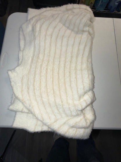 INC Women’s Large White Fuzzy Eyelash Knit Sweater Gold Metallic Striped V-NECK