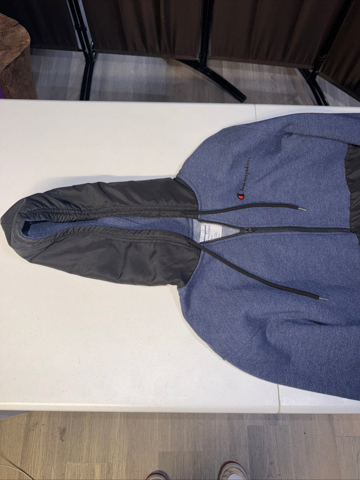 Champion Men’s Size S Blue Black Woven Mix Fleece Half-Zip Hoodie Sweatshirt
