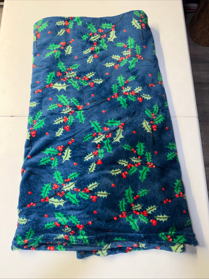 Holiday Home Microplush Throw Blanket Holly Berry Christmas Navy Blue 50x60