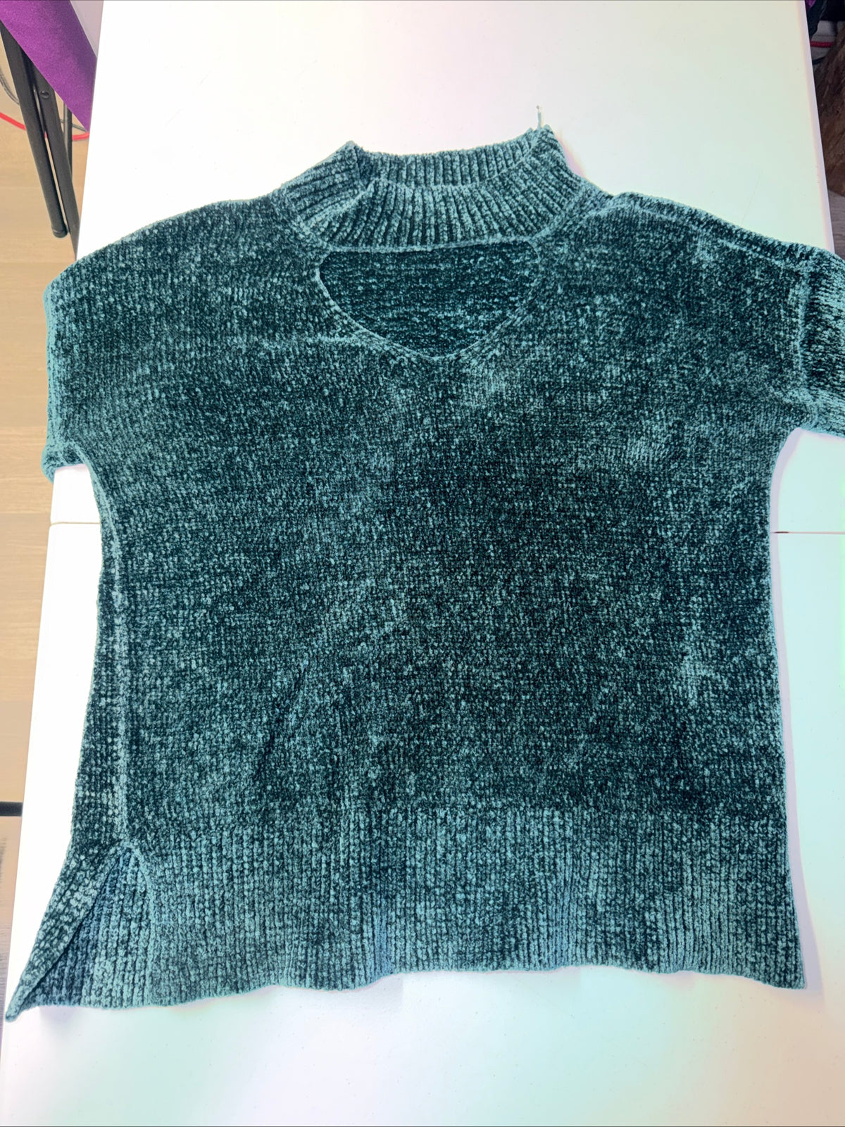 Pink Rose Emerald Green Chenille Cutout Mock Neck Sweater Size L