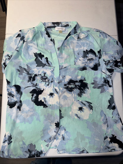 Calvin Klein Floral Split- Neck Blouse Mint Sea Spray Blue Watercolor Top Size XL