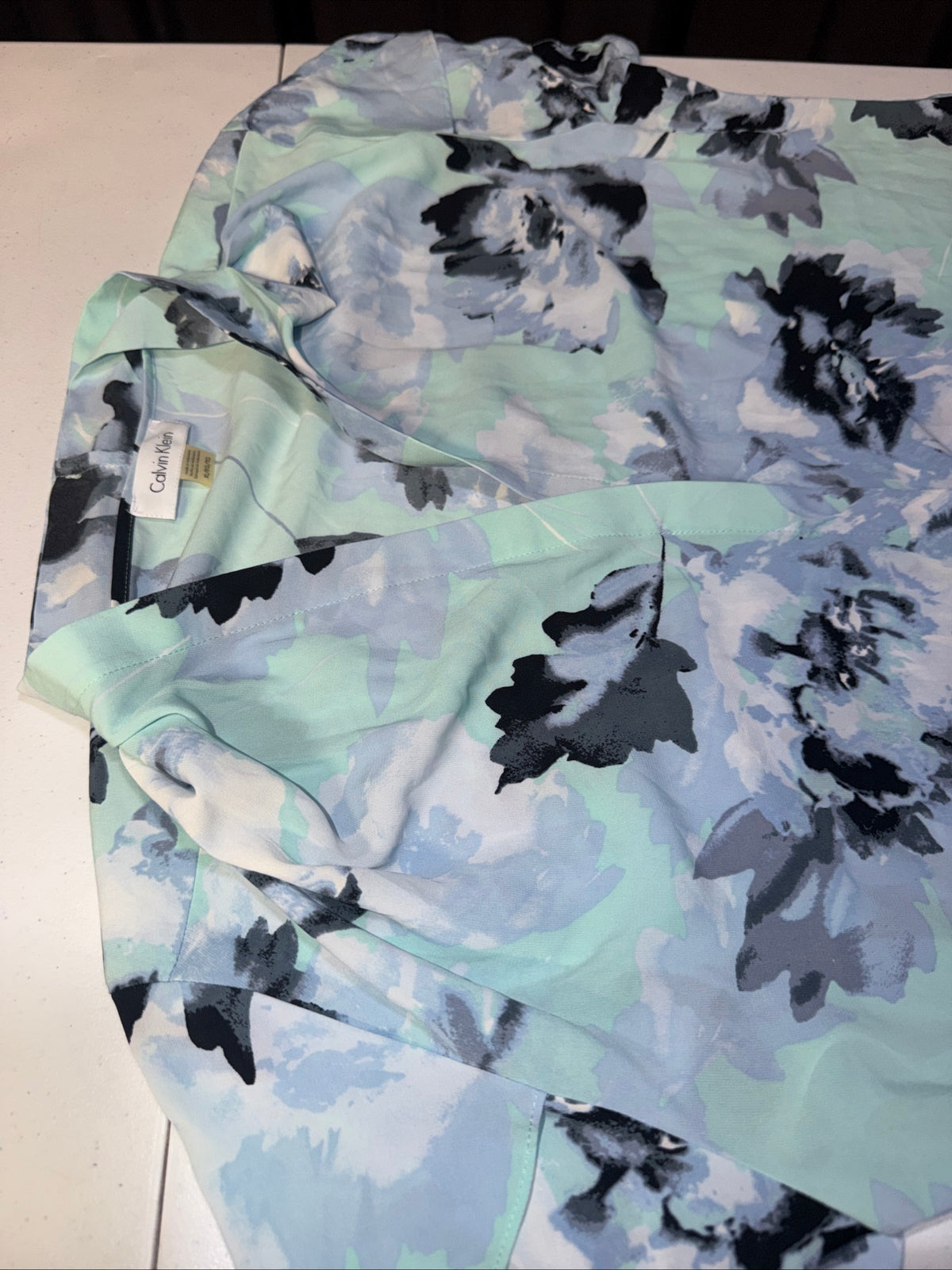 Calvin Klein Floral Split- Neck Blouse Mint Sea Spray Blue Watercolor Top Size XL