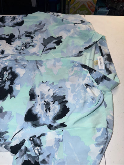Calvin Klein Floral Split- Neck Blouse Mint Sea Spray Blue Watercolor Top Size XL