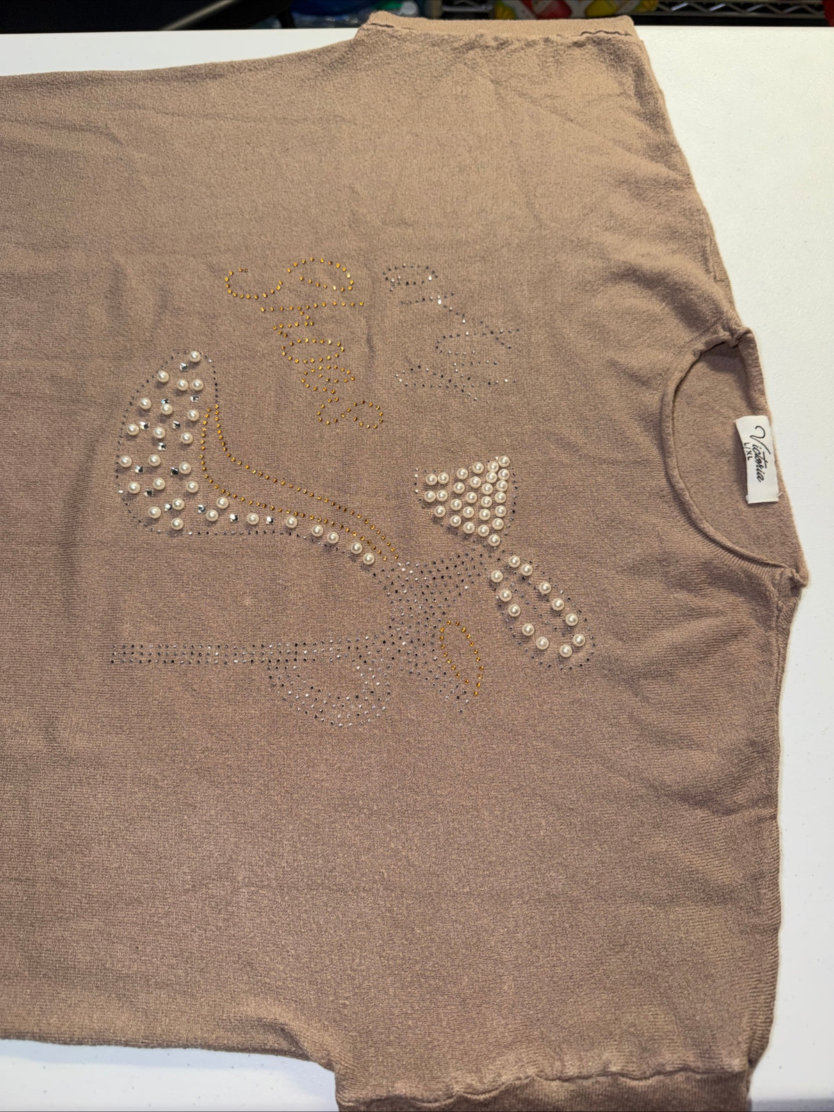Victoria High Heel Pearl & RhineStone Sweater Top “Party Shoes” Size L/XL